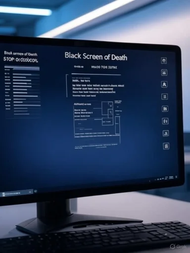 A computer monitor displays a 'Black Screen of Death' with technical details and warnings, in a dimly lit environment.