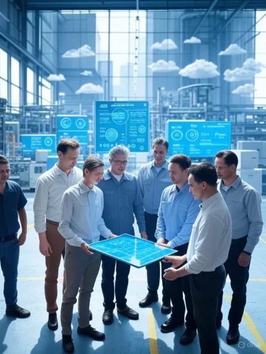 Team of engineers or scientists reviewing a digital tablet with data in a modern industrial or research facility.