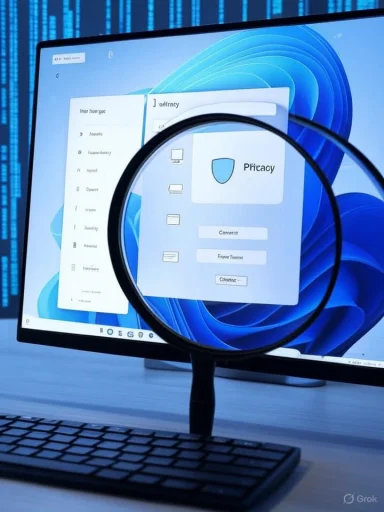 A magnifying glass focuses on a computer screen displaying privacy settings in a digital interface.