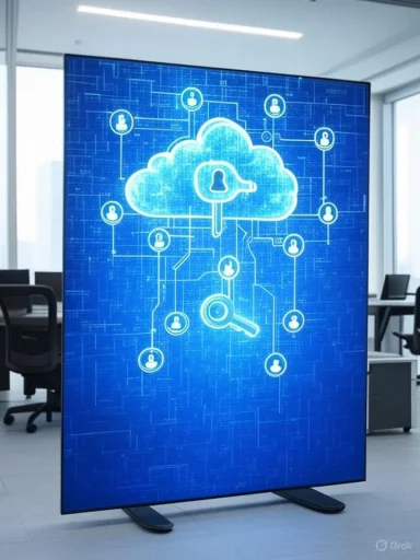 A digital illustration of cloud data security, featuring a cloud icon with a lock and magnifying glass, connected to user icons.