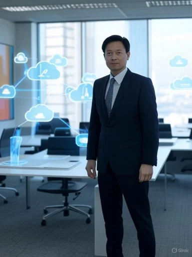 Businessman standing in a modern office with cloud computing graphics overlay. Businessman standing in a modern office with cloud computing graphics overlay.