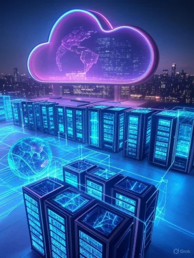 Futuristic digital cloud storage concept with glowing servers and holographic globe in a city skyline. Futuristic digital cloud storage concept with glowing servers and holographic globe in a city skyline.