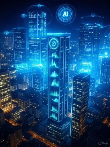 Futuristic city skyline illuminated with neon blue AI and data graphics overlaying skyscrapers.