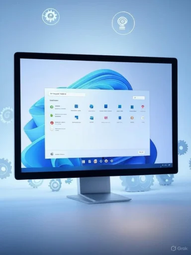 A desktop computer displaying a Windows operating system with app icons, against a blue background with gear icons.