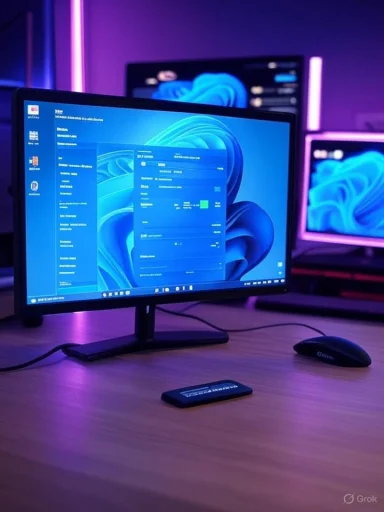 A computer desk setup with three monitors illuminated by purple and blue LED lighting.