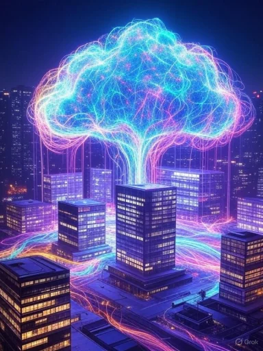 A digital art depiction of a cityscape with neon light trails forming a luminous brain-shaped cloud overhead.