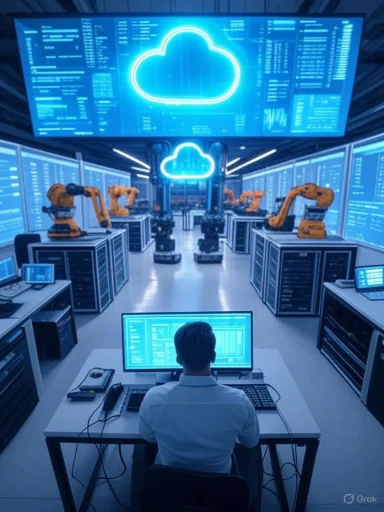 A person monitors a control room with robotic arms and large cloud computing displays, emphasizing cloud technology and automation.