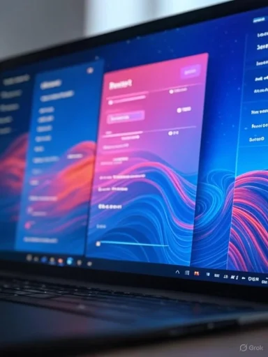 A laptop screen displays a colorful, modern user interface with sliders and options, possibly for software settings or media control.