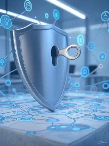 A digital shield with a key symbol represents cybersecurity and data protection in a technological environment.