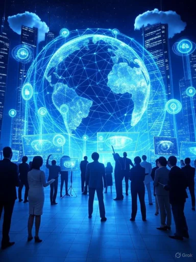 People gather in front of a large, illuminated digital globe displaying global connectivity in a high-tech environment.