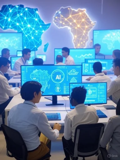 A futuristic AI research room with professionals analyzing data on digital screens, featuring a world map illuminated with interconnected nodes. A futuristic AI research room with professionals analyzing data on digital screens, featuring a world map illuminated with interconnected nodes.