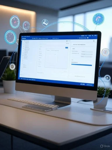 A desktop computer displaying a digital interface, surrounded by floating icons representing data and connectivity.