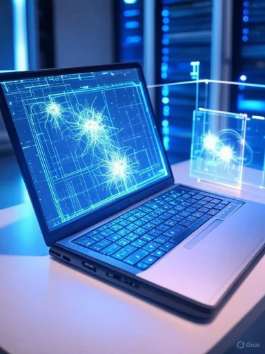 A laptop displaying digital schematics with glowing network connections, set in a high-tech server room.