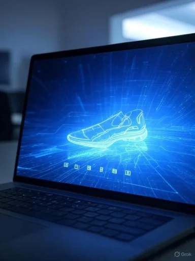 A digital blueprint of a sneaker displayed on a laptop screen with futuristic, tech-inspired graphics.