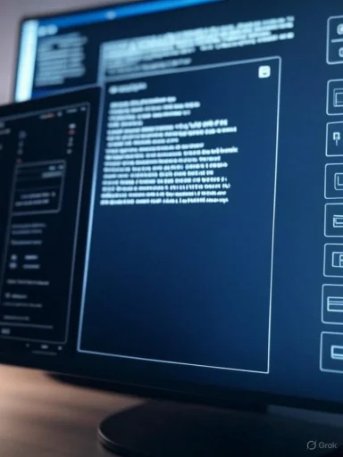 A computer screen displays system or code interface with text and icons in a dark-themed design.
