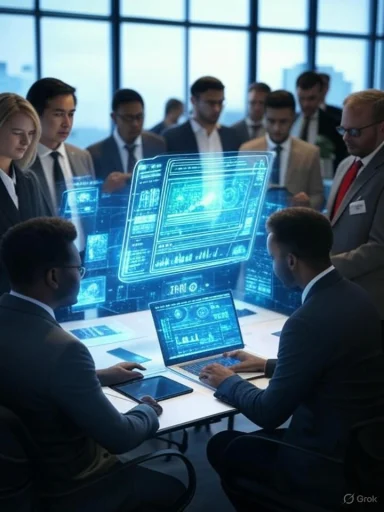 Business people analyze holographic digital data in a modern office meeting room.