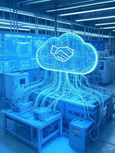 A digital illustration of a cloud with a handshake, connected to multiple servers and screens, symbolizing cloud computing and data sharing.