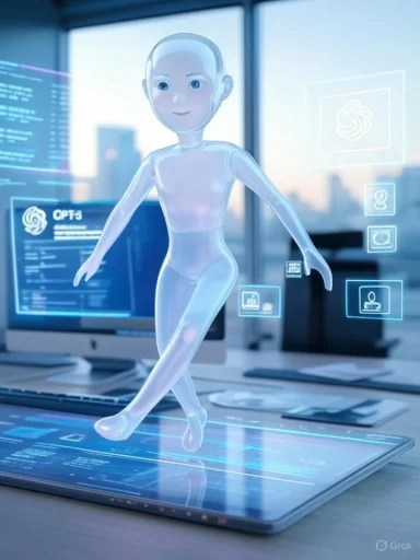 A futuristic digital avatar of a happy child standing on a transparent tablet in a high-tech office.