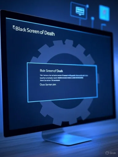 Computer screen displays a 'Black Screen of Death' error message with a gear icon background.