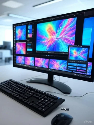 A computer setup with a large monitor displaying colorful abstract artwork, a keyboard, mouse, and a USB drive on a white desk.