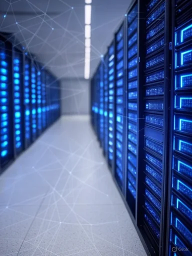 Data center with illuminated servers and digital network graphics overhead.