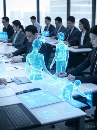 Businesspeople in a meeting with holographic, digital human figures interacting on the table.