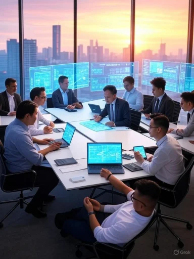 Business meeting in a high-rise office with digital screens displaying data, during sunset with a city skyline view.