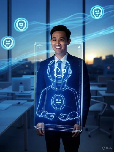 A businessman interacts with a holographic emoji assistant in a modern office at sunset.