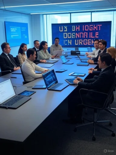 Business meeting with a digital emergency alert displayed on a large screen behind the participants.