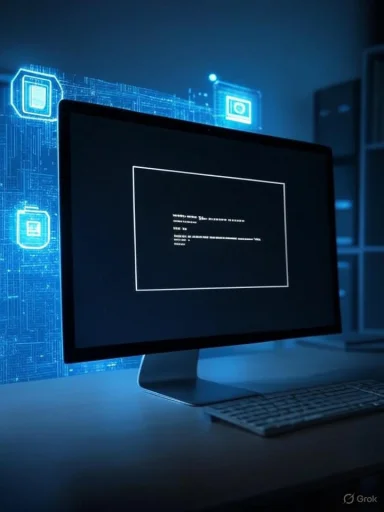 A computer monitor displays a system error or update message in a dark, blue-lit tech environment.