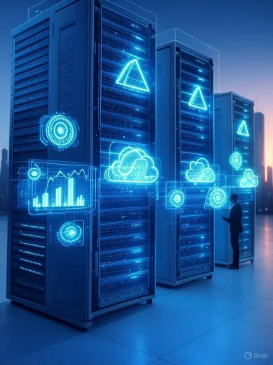A person monitors data servers with holographic cloud and analytics icons in a futuristic data center.