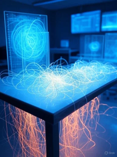 A futuristic table projects glowing, tangled light trails, with multiple screens displaying digital data in the background.
