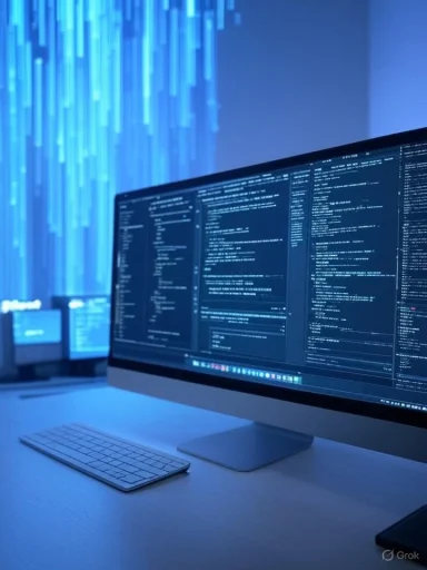 A sleek computer monitor displays code in a dark-themed IDE, illuminated by blue lighting in a modern tech workspace.