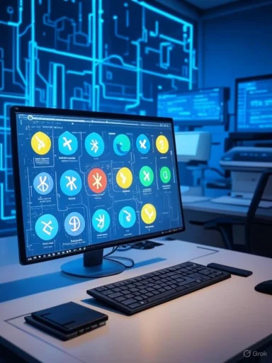 A computer monitor displays symbols and data in a high-tech, futuristic control room.