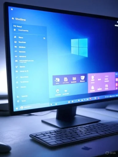 A computer monitor displays the Windows desktop interface with a blue background and a keyboard in front.