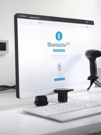 A computer monitor displays a Bluetooth setup page alongside various Bluetooth devices on a white desk.