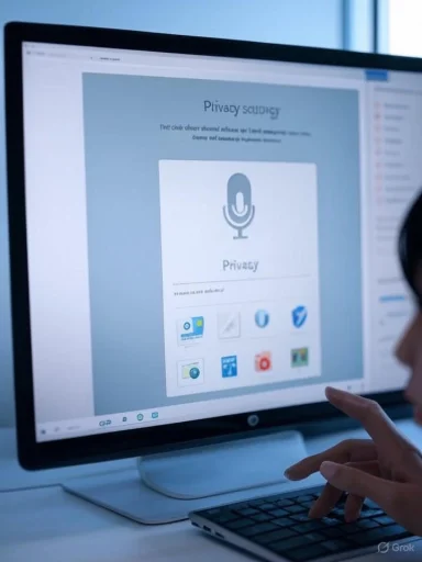 A person interacts with a computer screen displaying a privacy settings webpage with a microphone icon.