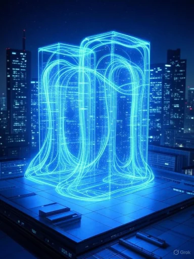 A glowing blue digital hologram of a book hovers above a city rooftop at night.