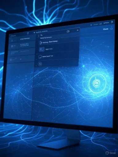 A computer screen displays a digital interface with a blue, tech-inspired background featuring interconnected glowing lines and orbs.