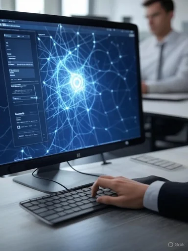 A person works on a computer displaying a digital neural network or data visualization in a modern office setting. A person works on a computer displaying a digital neural network or data visualization in a modern office setting.