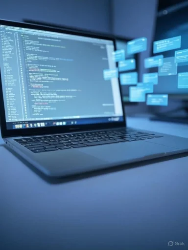 A laptop with coding or programming script on the screen, surrounded by floating digital notifications or data alerts. A laptop with coding or programming script on the screen, surrounded by floating digital notifications or data alerts.