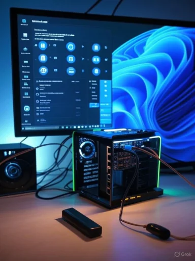 A computer setup with a large monitor displaying system interface, connected to a transparent hardware testing or mining enclosure.