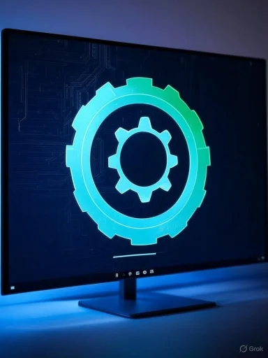 A computer monitor displays a digital gear icon with a progress bar, symbolizing system settings or updates.