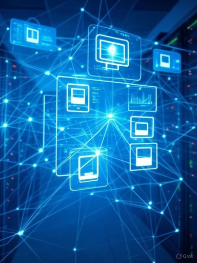 A digital network of interconnected screens and data visualizations representing data flow and connectivity in technology.