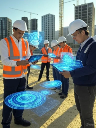 Construction engineers analyze holographic blueprints on a building site with digital overlays and urban skyline in background. Construction engineers analyze holographic blueprints on a building site with digital overlays and urban skyline in background.