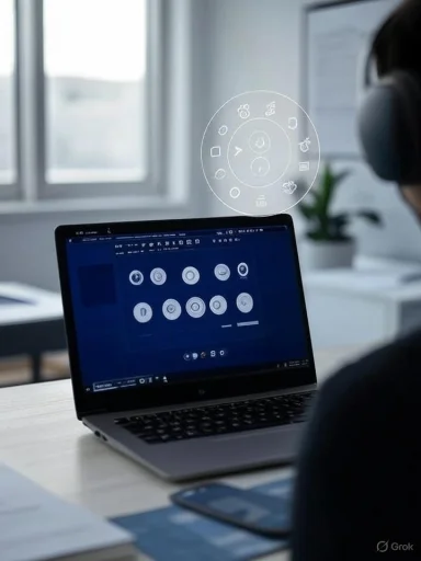 Person wearing headphones using a laptop with a circular digital interface overlay, in a bright room with a window and plant.