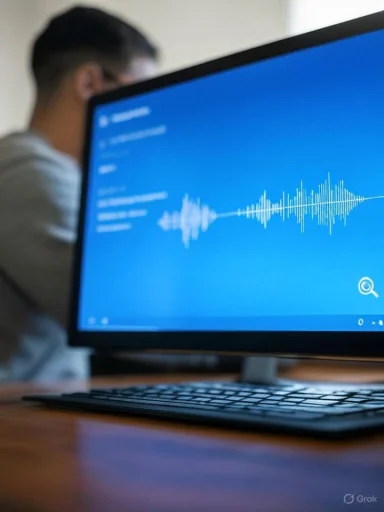 A person works on a computer with an audio waveform displayed on the screen.