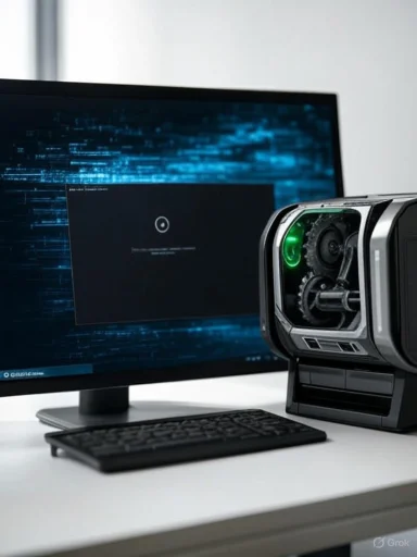 A computer setup with a monitor displaying code or data and a robotic device or machine on a white desk.