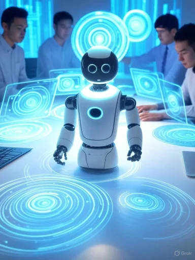 A humanoid robot stands at a futuristic table surrounded by holographic interfaces and a team of people in a high-tech environment.