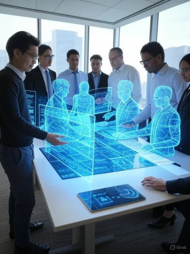 Business team analyzing holographic digital human models in a high-tech meeting room.